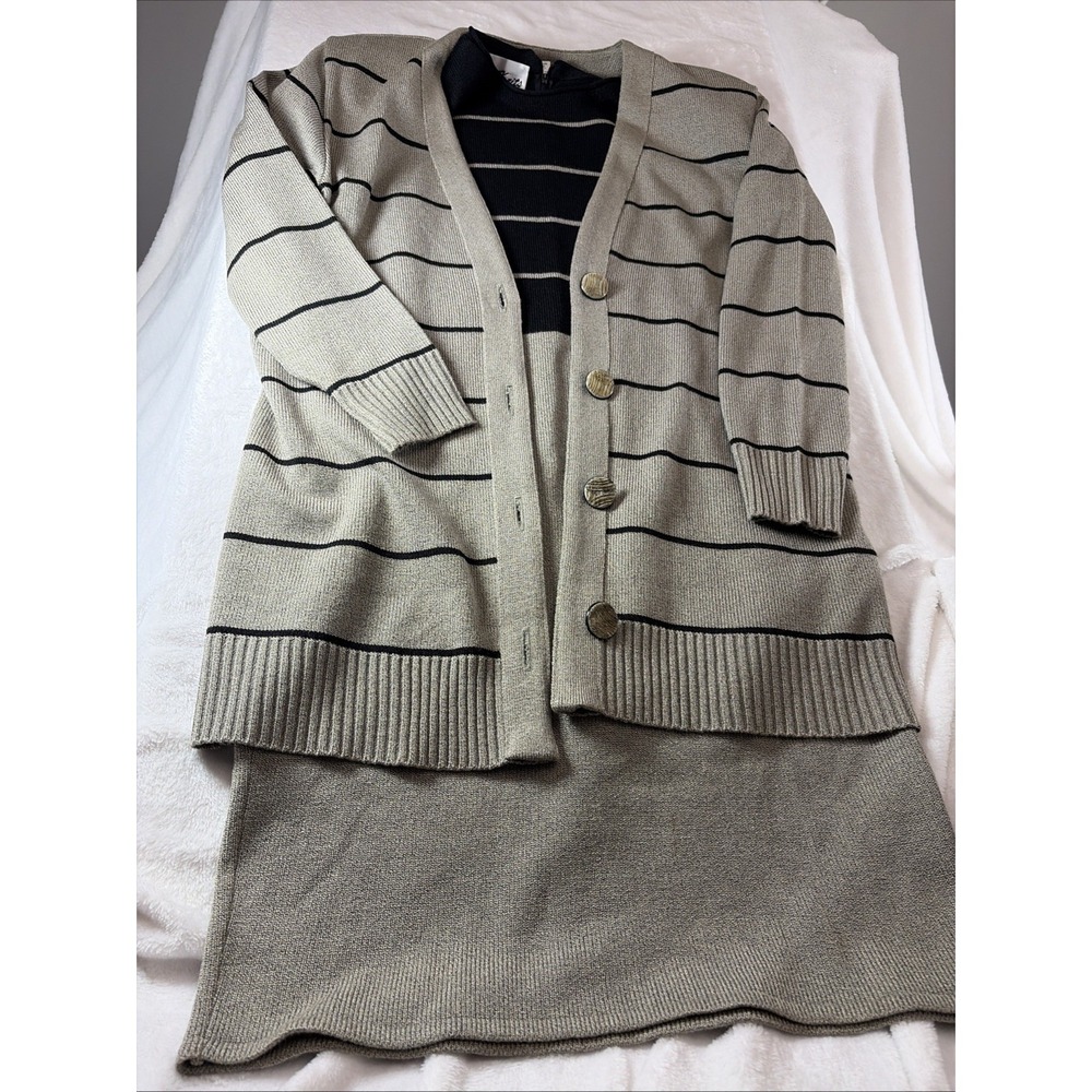 Ami Knits‎ Knit Cardigan & Dress Size 8 Vintage Black/  Gray 2 Piece Made in USA